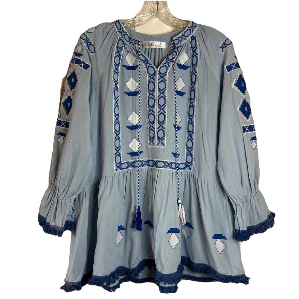 Chicwish Blue Boho Chic Embroidered Blouse  Fringe Tassle Sz Medium‎